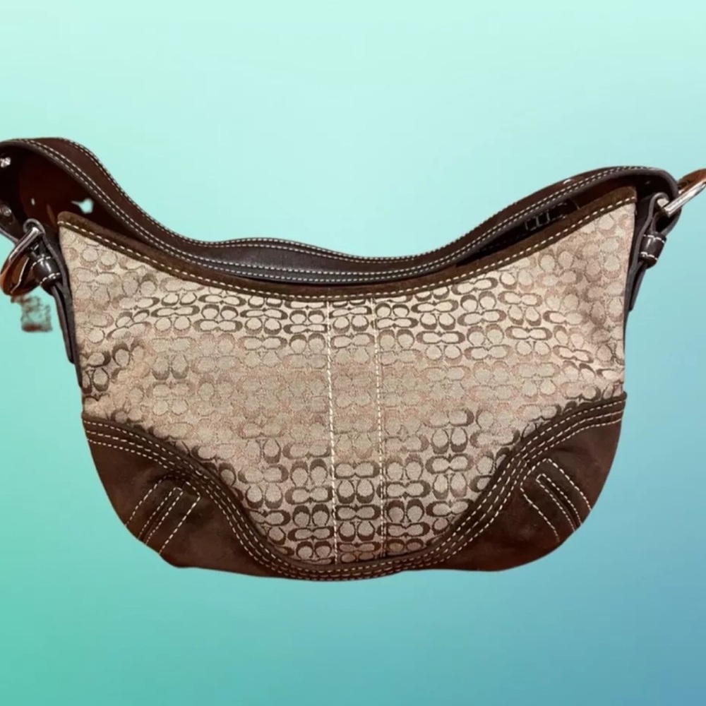 Coach Signature Hobo Purse with Suede Leather Trim